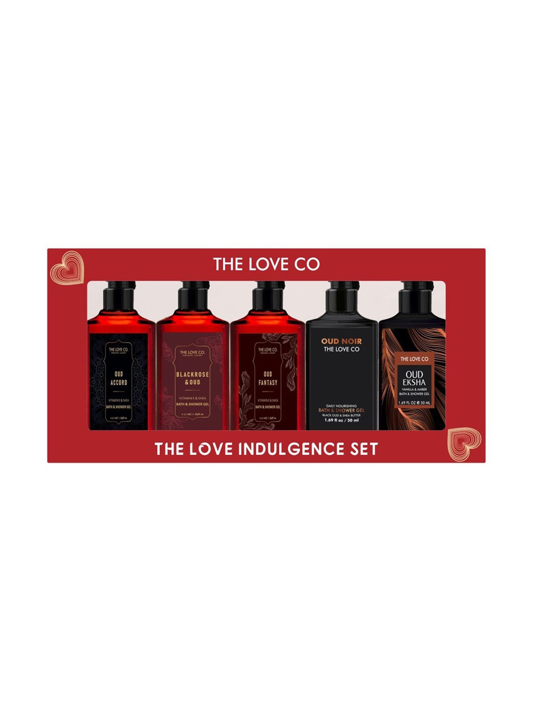 

The Love Co Black Rose, Oud Accord, Oud Fantasy Oud Noir & Oud Eksha Shower Gel -50ml Each, White