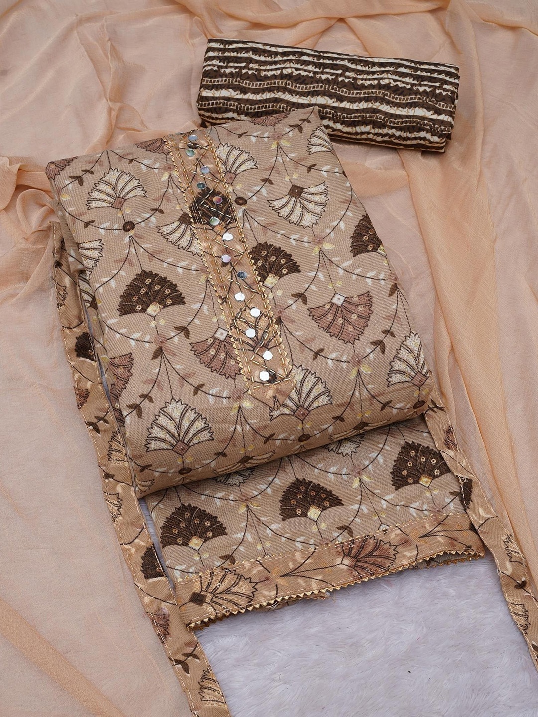 

Panzora Floral Printed Mirror Work Unstitched Dress Material, Beige