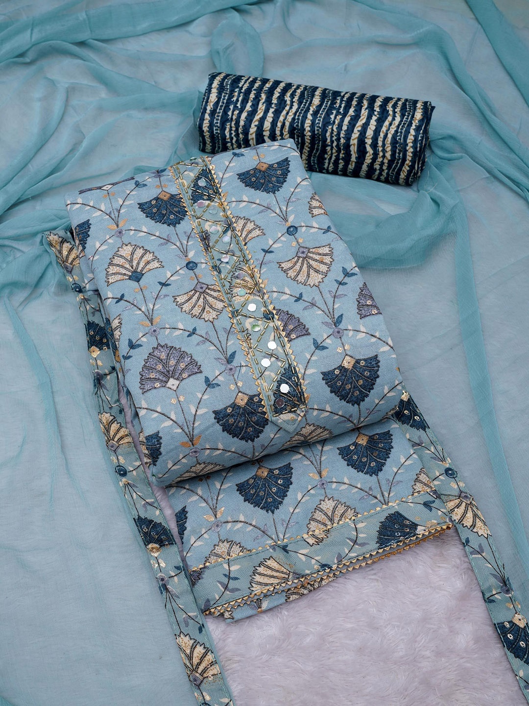 

Panzora Floral Printed Mirror Work Unstitched Dress Material, Blue