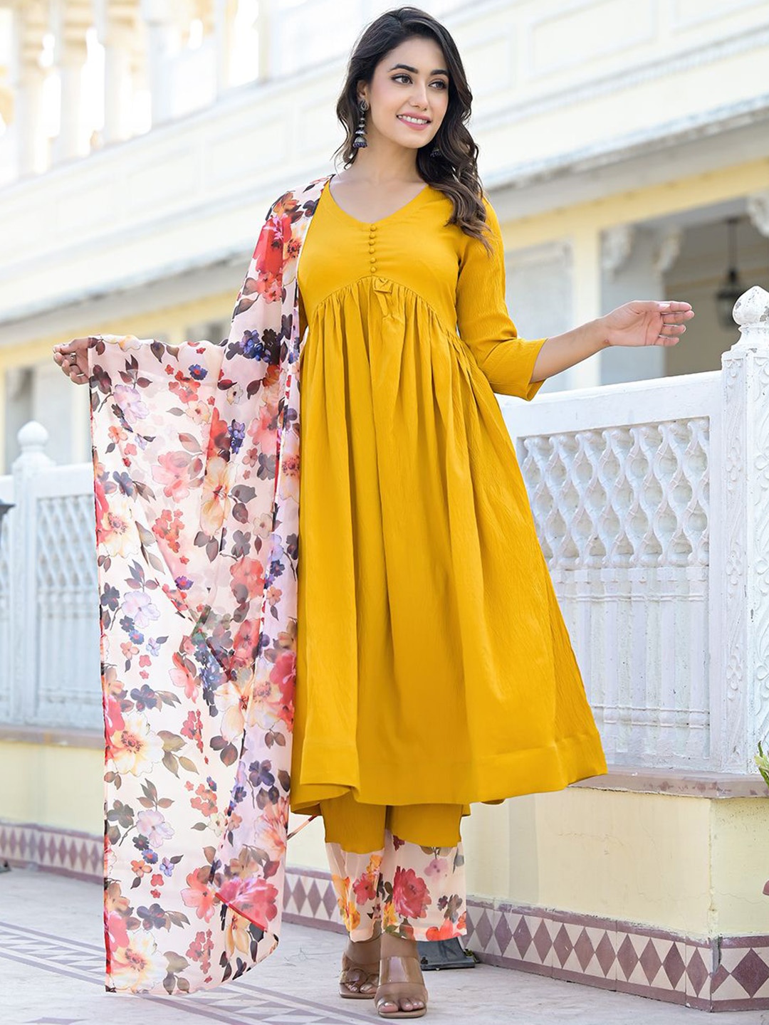 

Varanga Empire Silk Crepe Anarkali Kurta With Trousers & Dupatta, Mustard