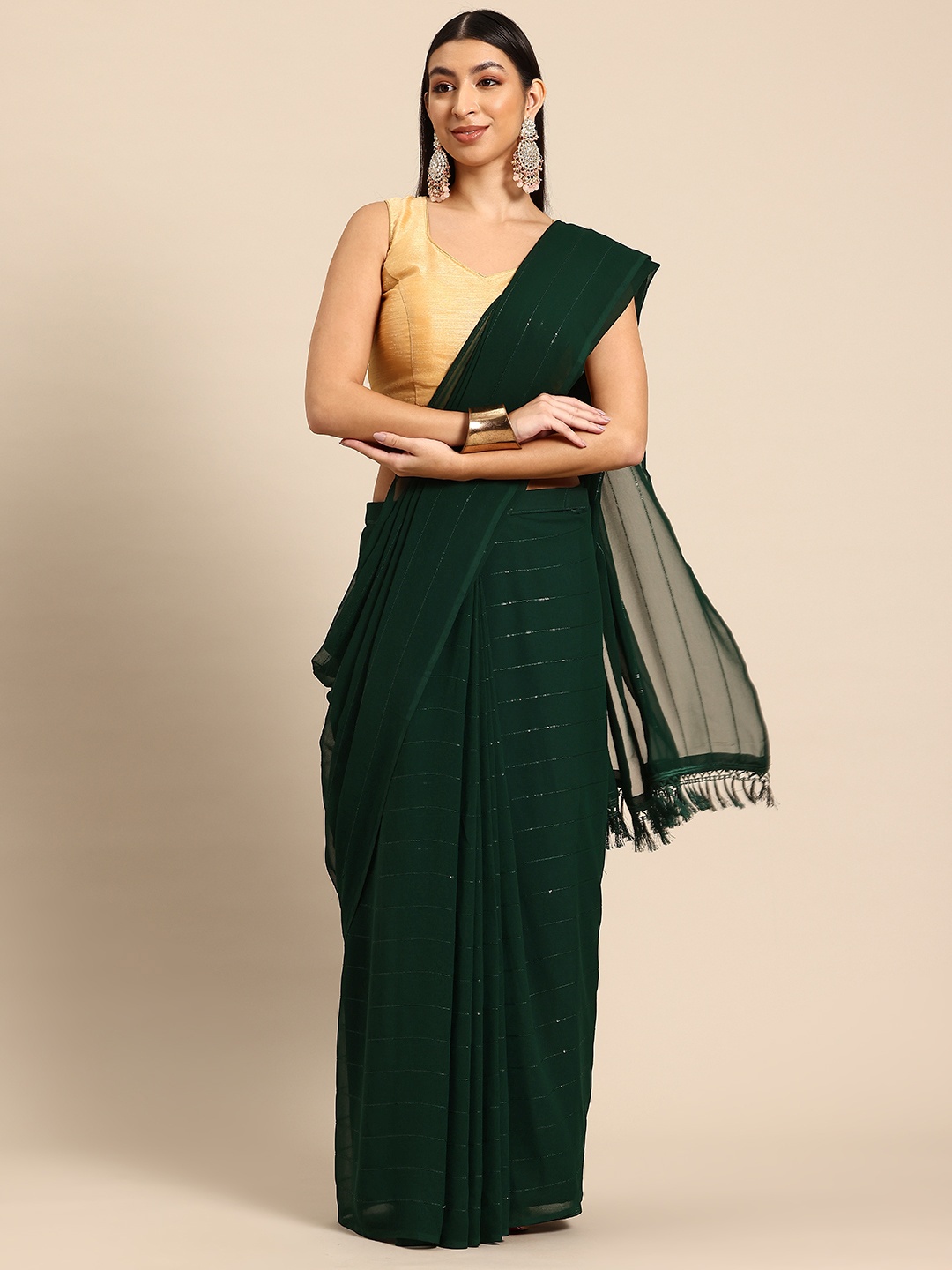 

Tikhi Imli Striped Sequinned Ready to Wear Saree, Green