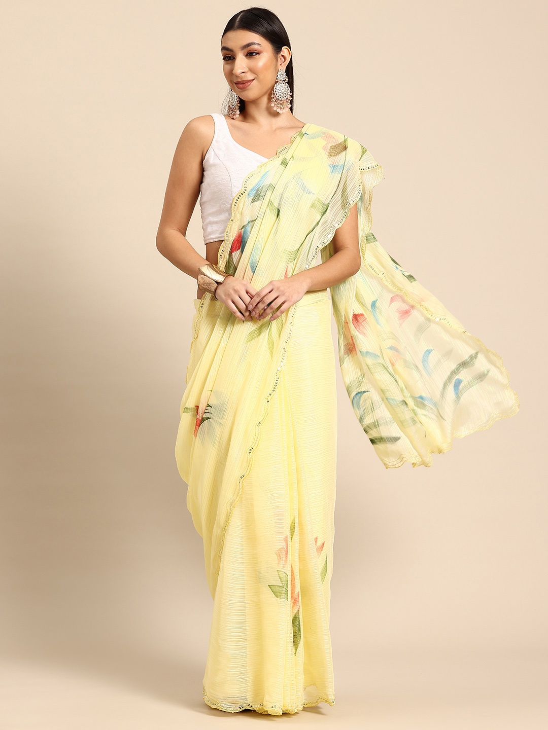 

Tikhi Imli Floral Sequinned Ready to Wear Saree, Yellow