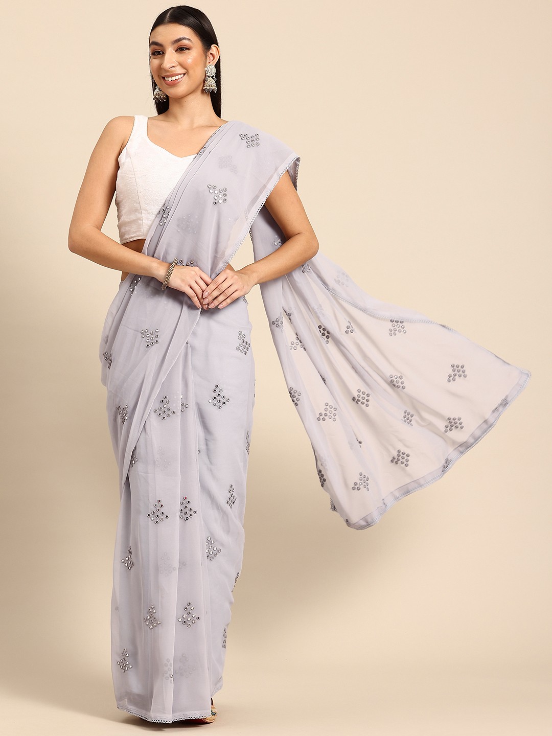 

Tikhi Imli Embellished Mirror Work Ready to Wear Saree, Grey
