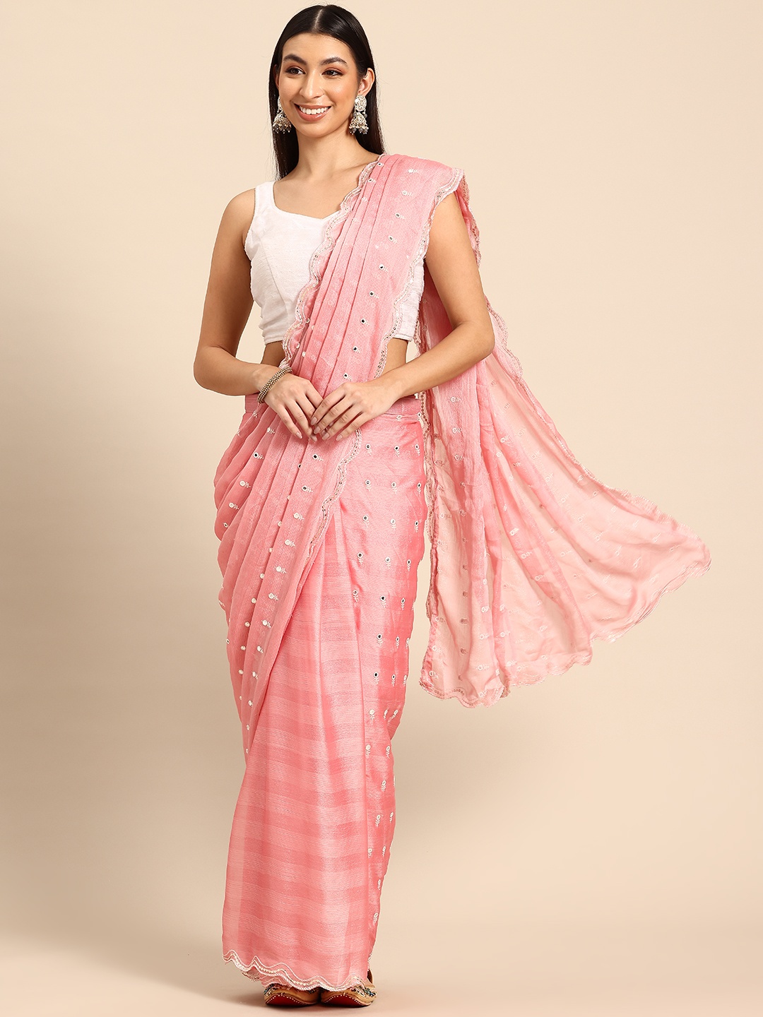 

Tikhi Imli Embellished Mirror Work Ready to Wear Saree, Pink