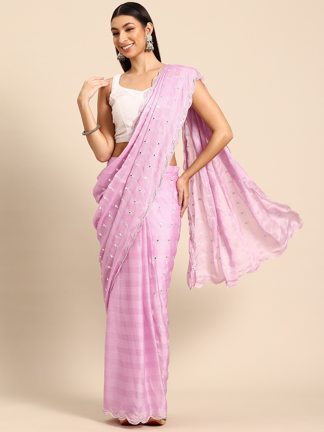 

Tikhi Imli Embellished Mirror Work Ready to Wear Saree, Lavender