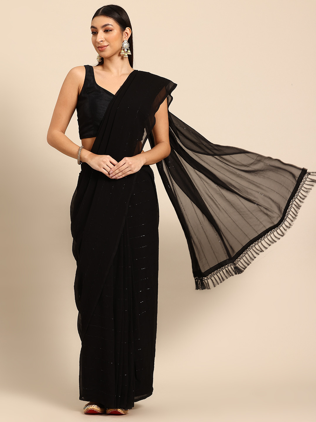 

Tikhi Imli Striped Sequinned Ready to Wear Saree, Black