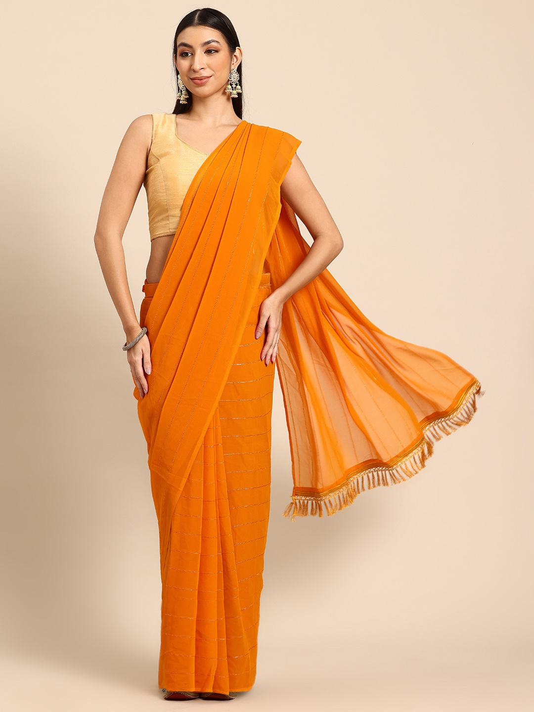 

Tikhi Imli Striped Sequinned Ready to Wear Saree, Orange