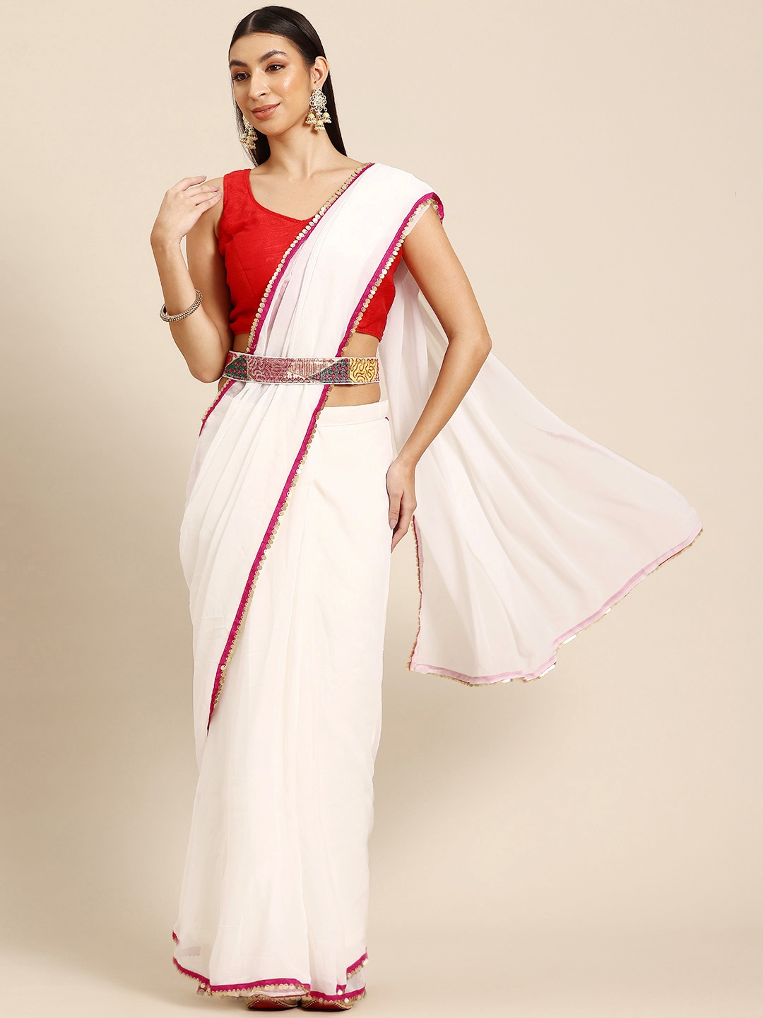 

Tikhi Imli Sequinned Ready to Wear Saree With Belt, White