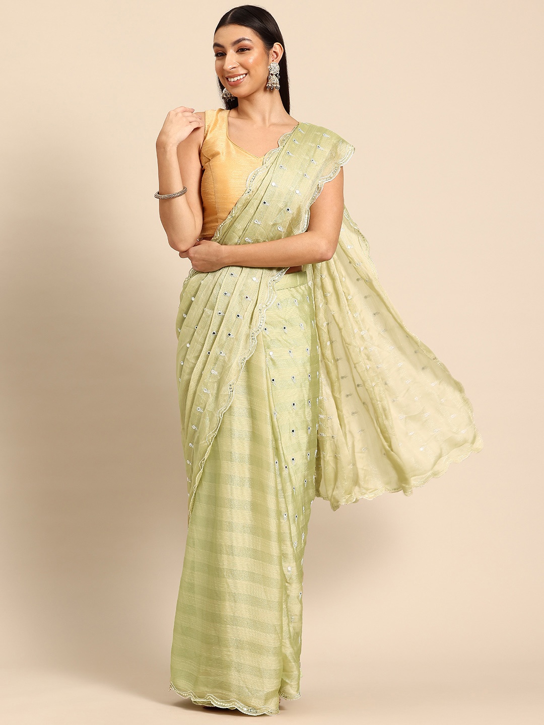 

Tikhi Imli Embellished Mirror Work Poly Chiffon Ready to Wear Saree, Green