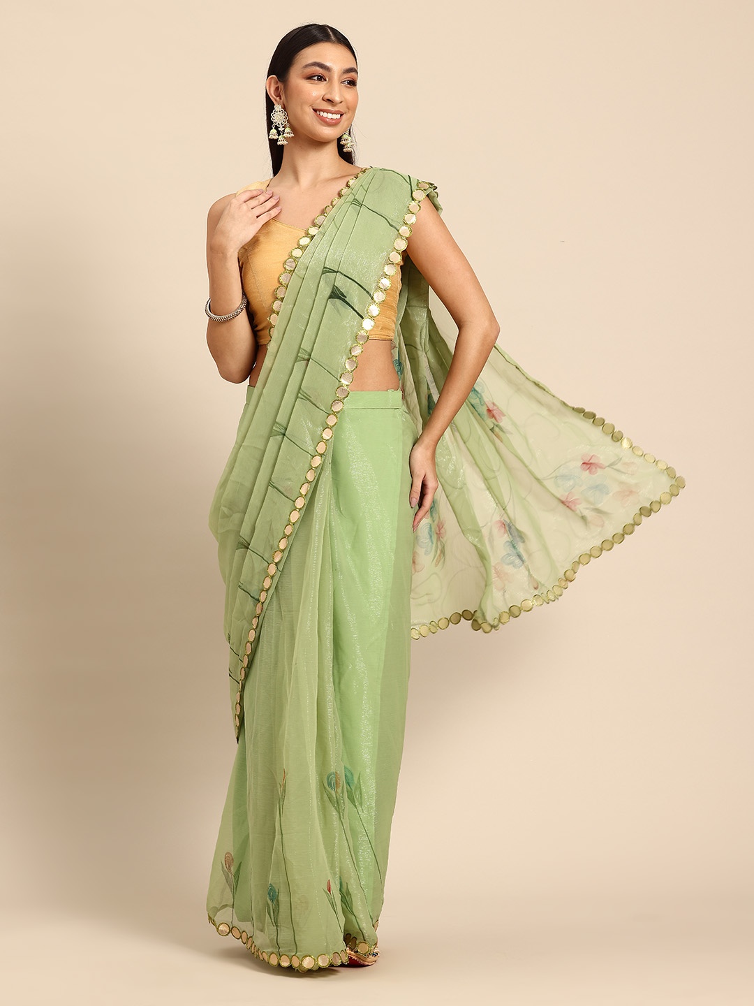 

Tikhi Imli Floral Mirror Work Ready to Wear Saree, Green