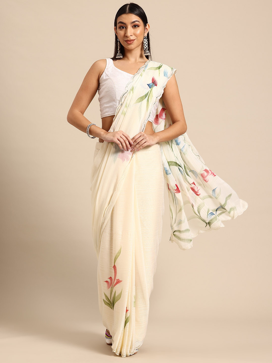 

Tikhi Imli Floral Printed Sequinned Ready to Wear Saree, Cream