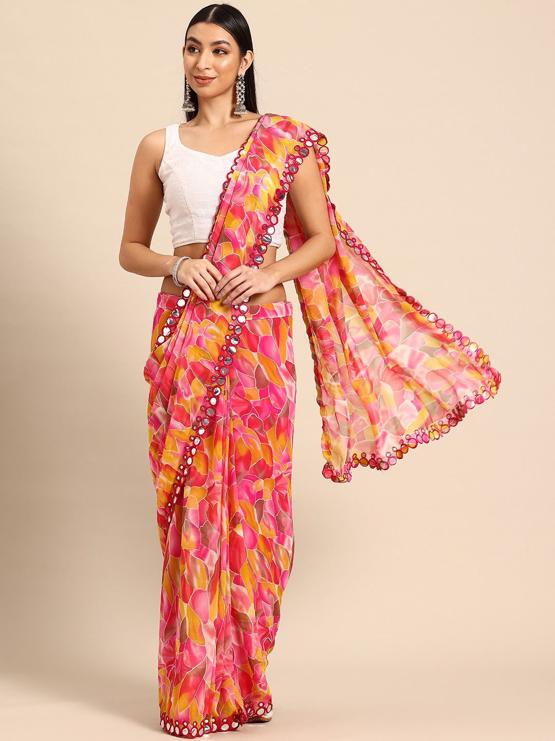 Tikhi Imli Printed Mirror Work Ready to Wear Saree, Pink