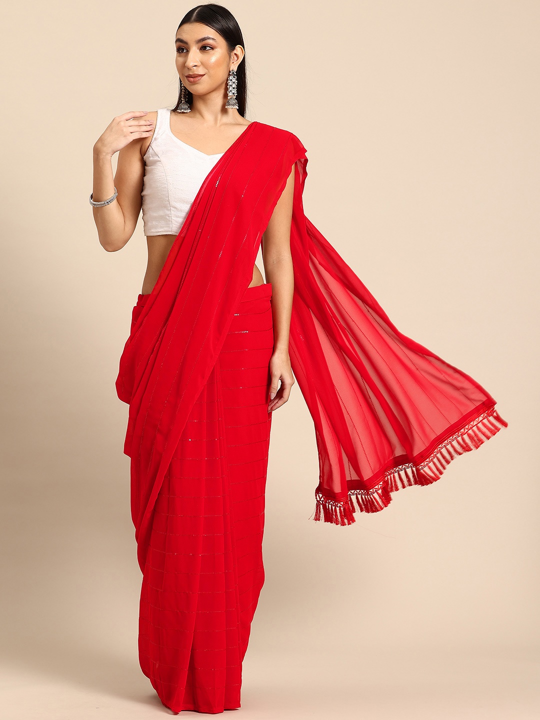 

Tikhi Imli Striped Sequinned Poly Georgette Ready to Wear Saree, Red
