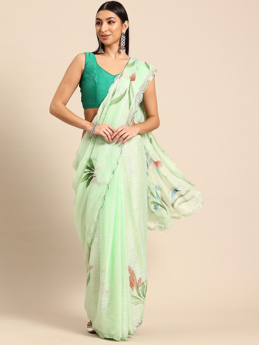 

Tikhi Imli Floral Printed Sequinned Ready to Wear Saree, Sea green