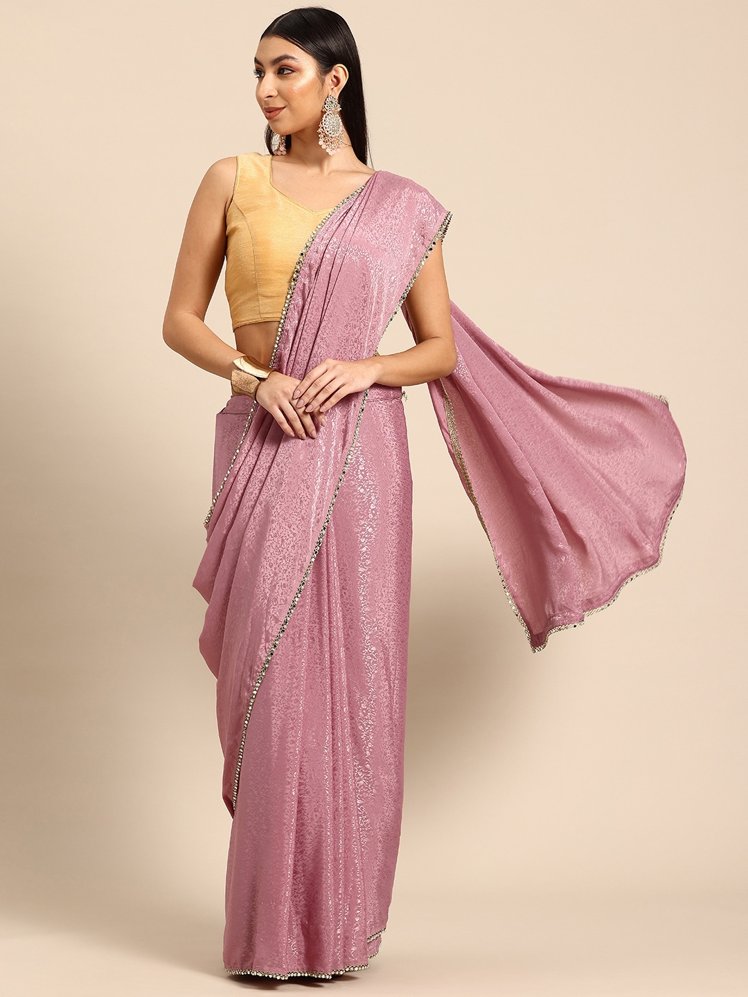 

Tikhi Imli Floral Mirror Work Ready to Wear Saree, Pink