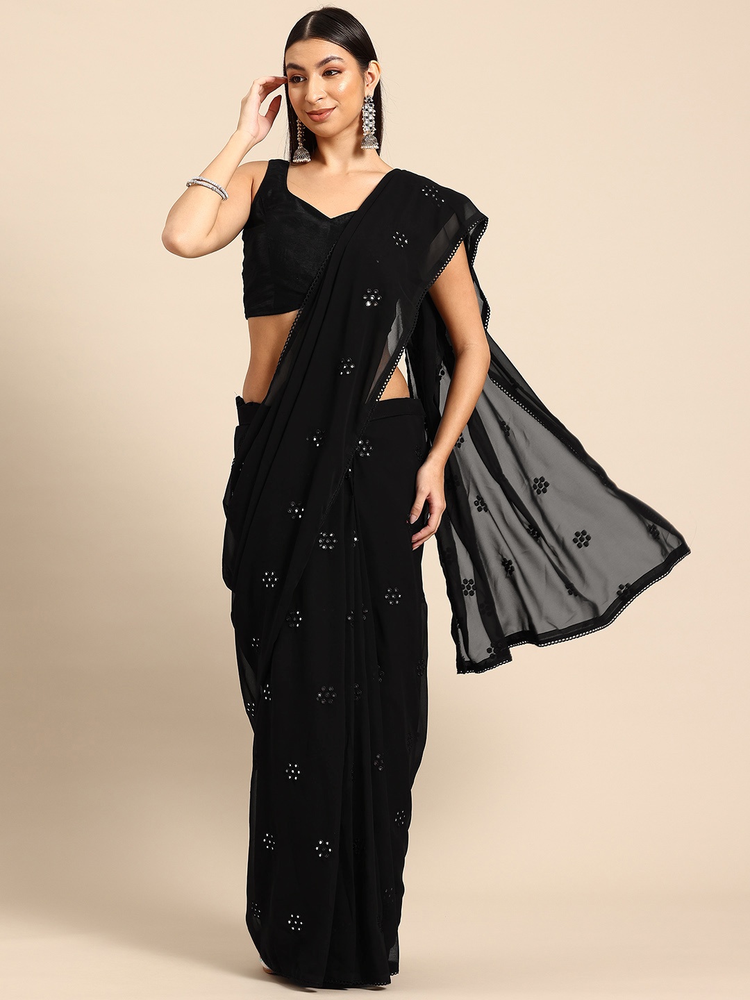 

Tikhi Imli Floral Sequinned Poly Georgette Ready to Wear Saree, Black