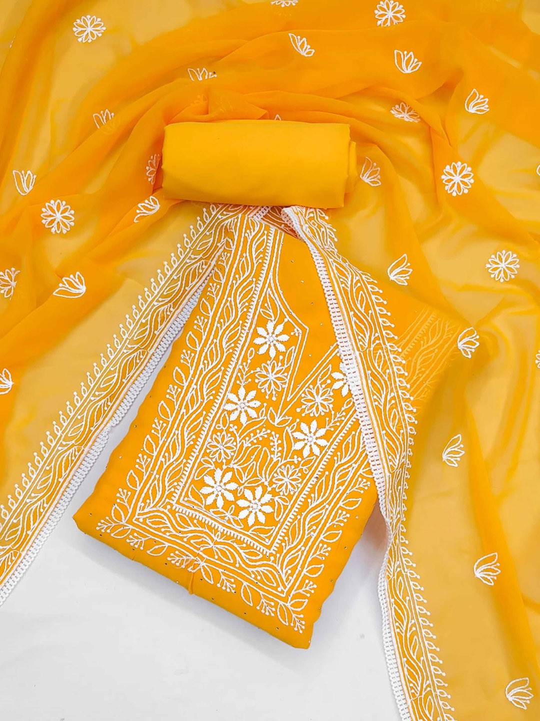 

Panzora Ethnic Motifs Embroidered Thread Work Unstitched Dress Material, Yellow