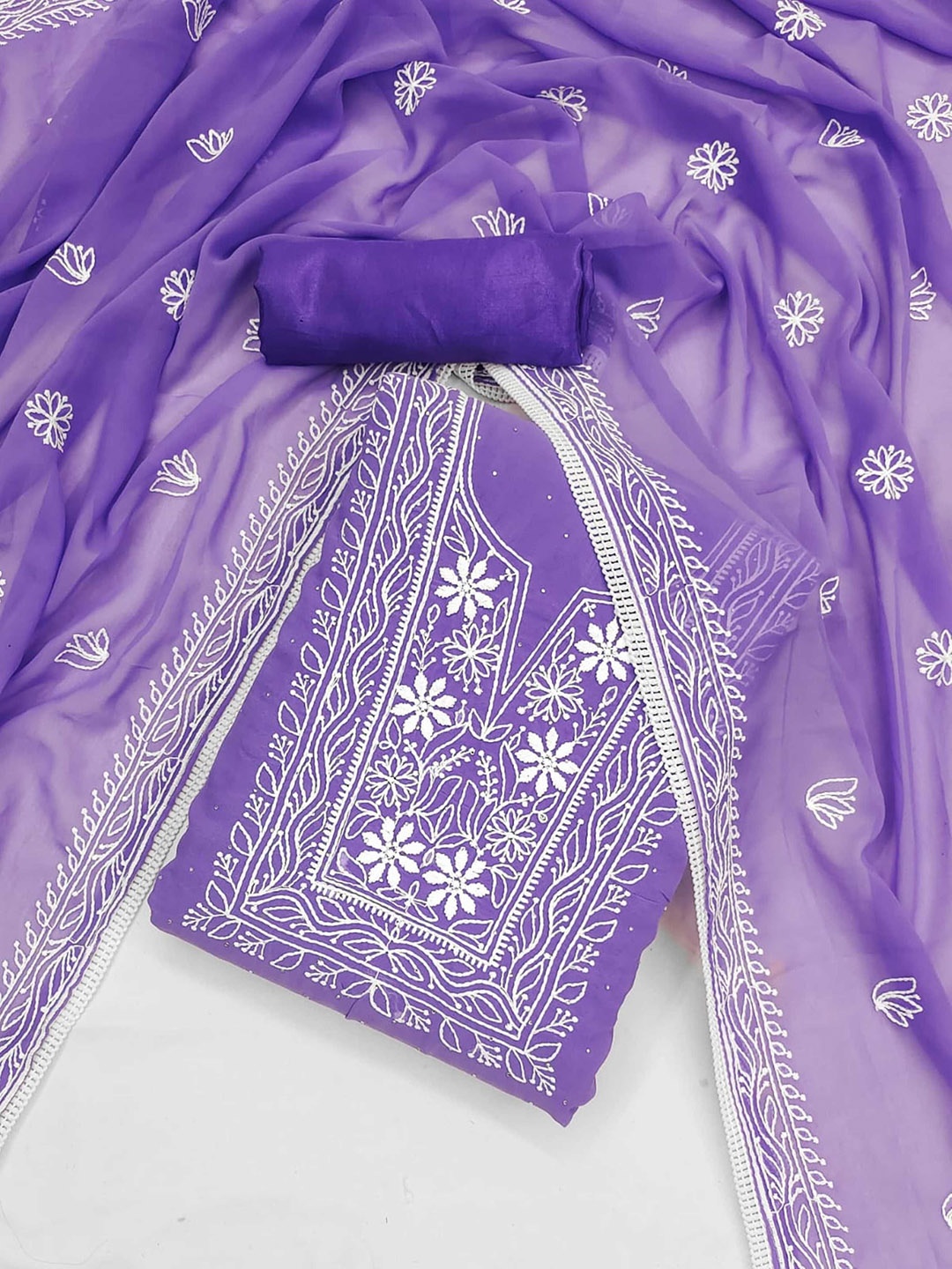 

Panzora Ethnic Motifs Embroidered Thread Work Unstitched Dress Material, Purple