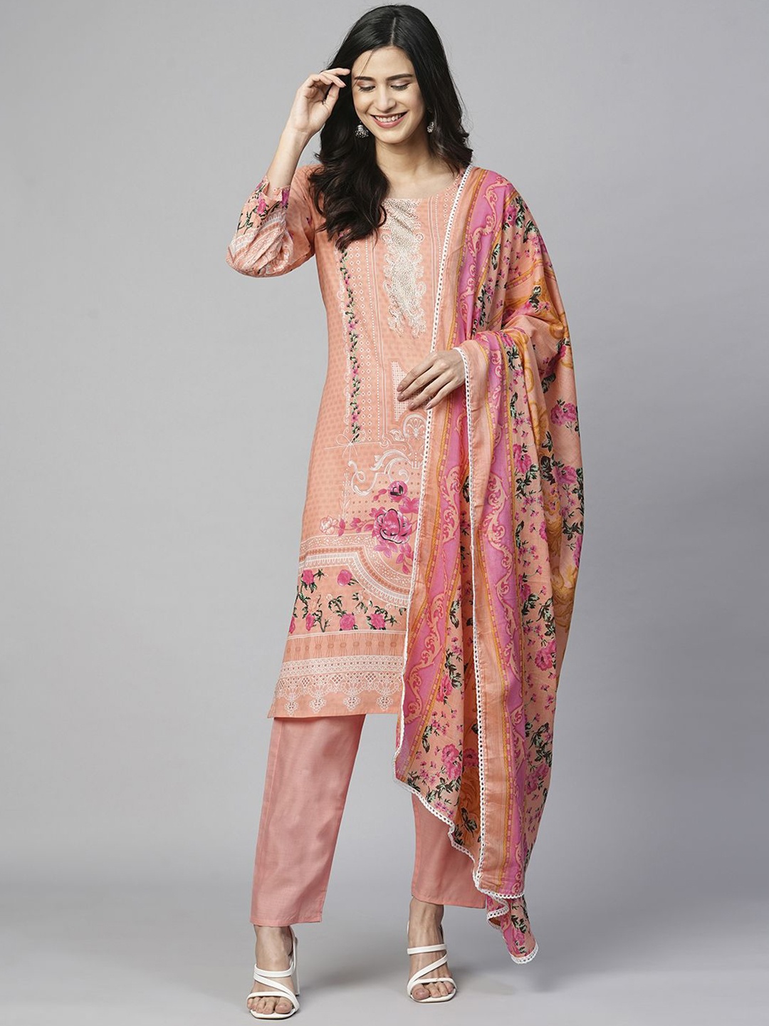 

KALINI Floral Printed Cotton Straight Kurta with Trousers & Dupatta, Coral