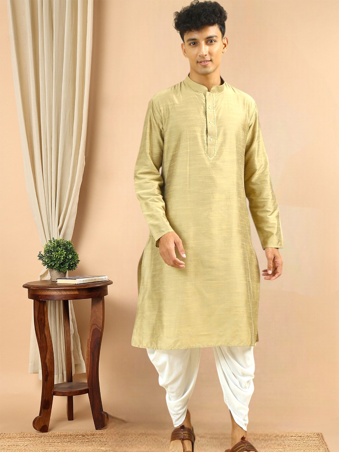 

TATTVA Mandarin Collar Thread Work Regular Pure Cotton Kurta with Pyjamas, Khaki