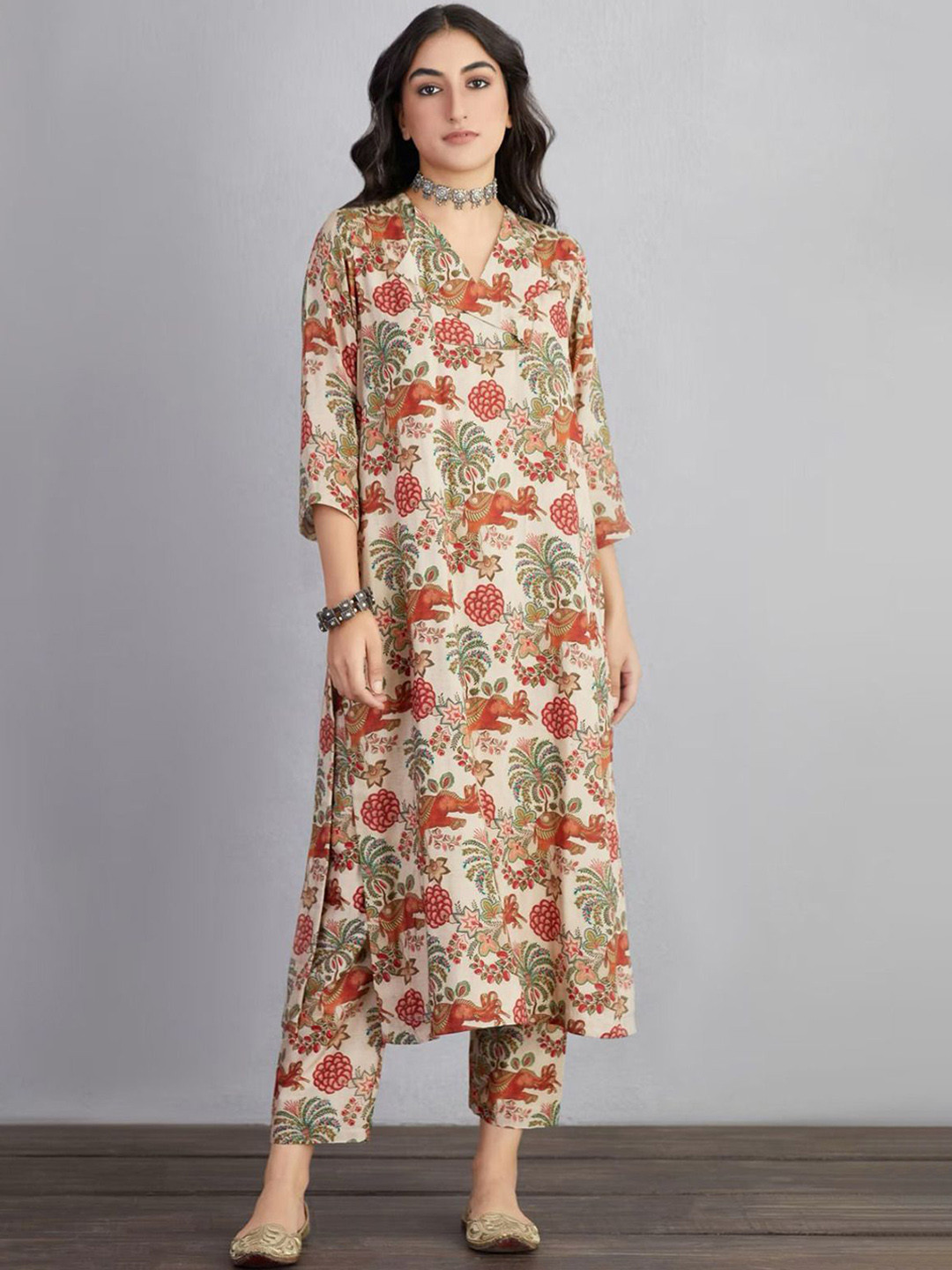 

Anni Designer Floral Printed Kurta with Trousers, Cream