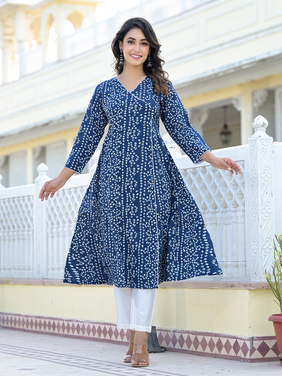 

Varanga Women Bandhani Printed Angrakha Style A-Line V-Neck Kurta, Blue