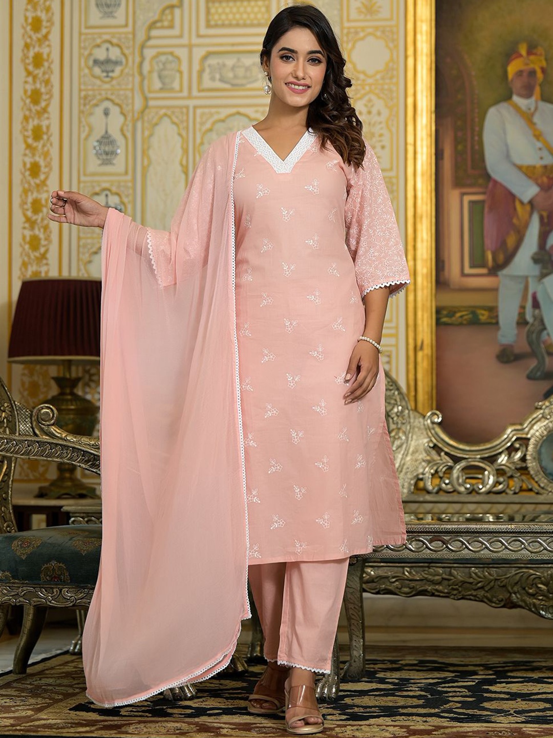 

Varanga Floral Embroidered Chikankari Straight Kurta With Trousers & Dupatta, Peach
