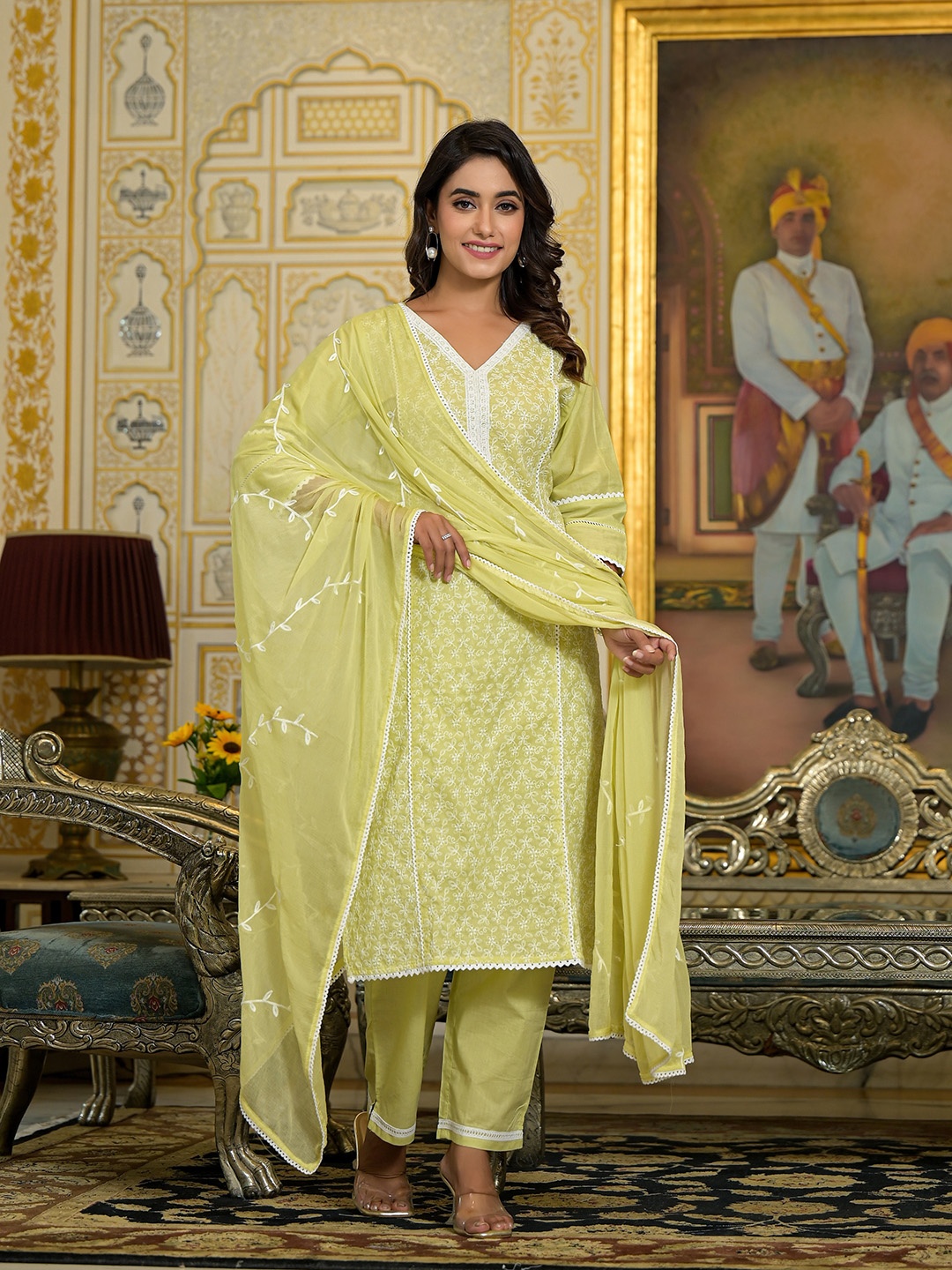 

Varanga Floral Embroidered V-Neck Chikankari Straight Kurta With Trousers & Dupatta, Lime green