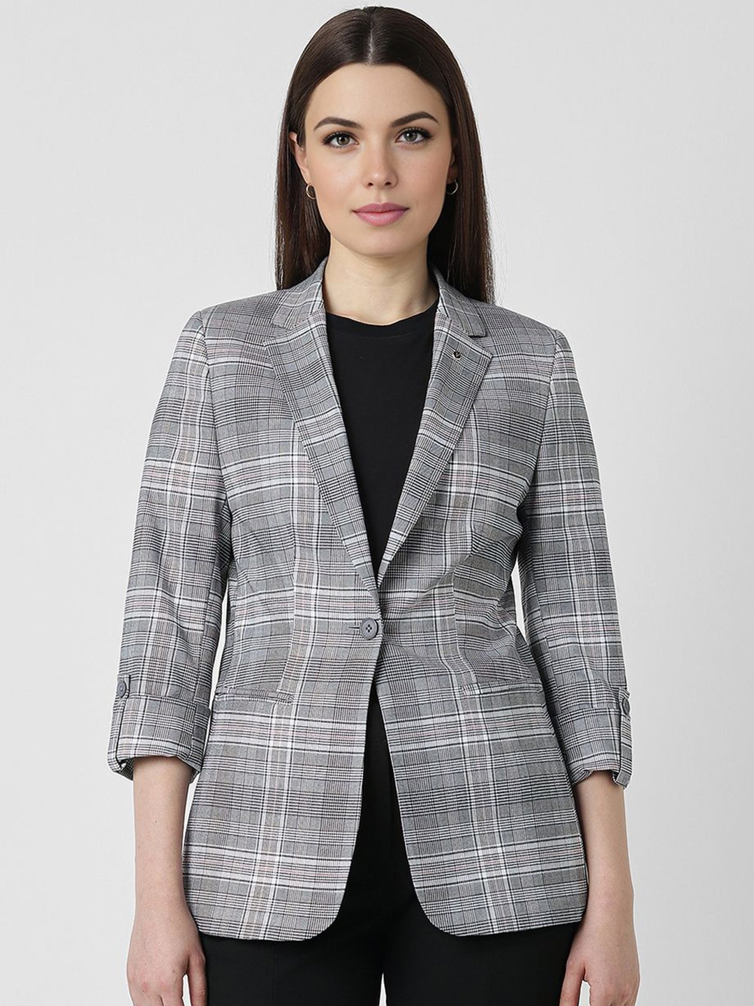 

Van Heusen Woman Checked Notched Lapel Single Breasted Formal Blazers, Grey