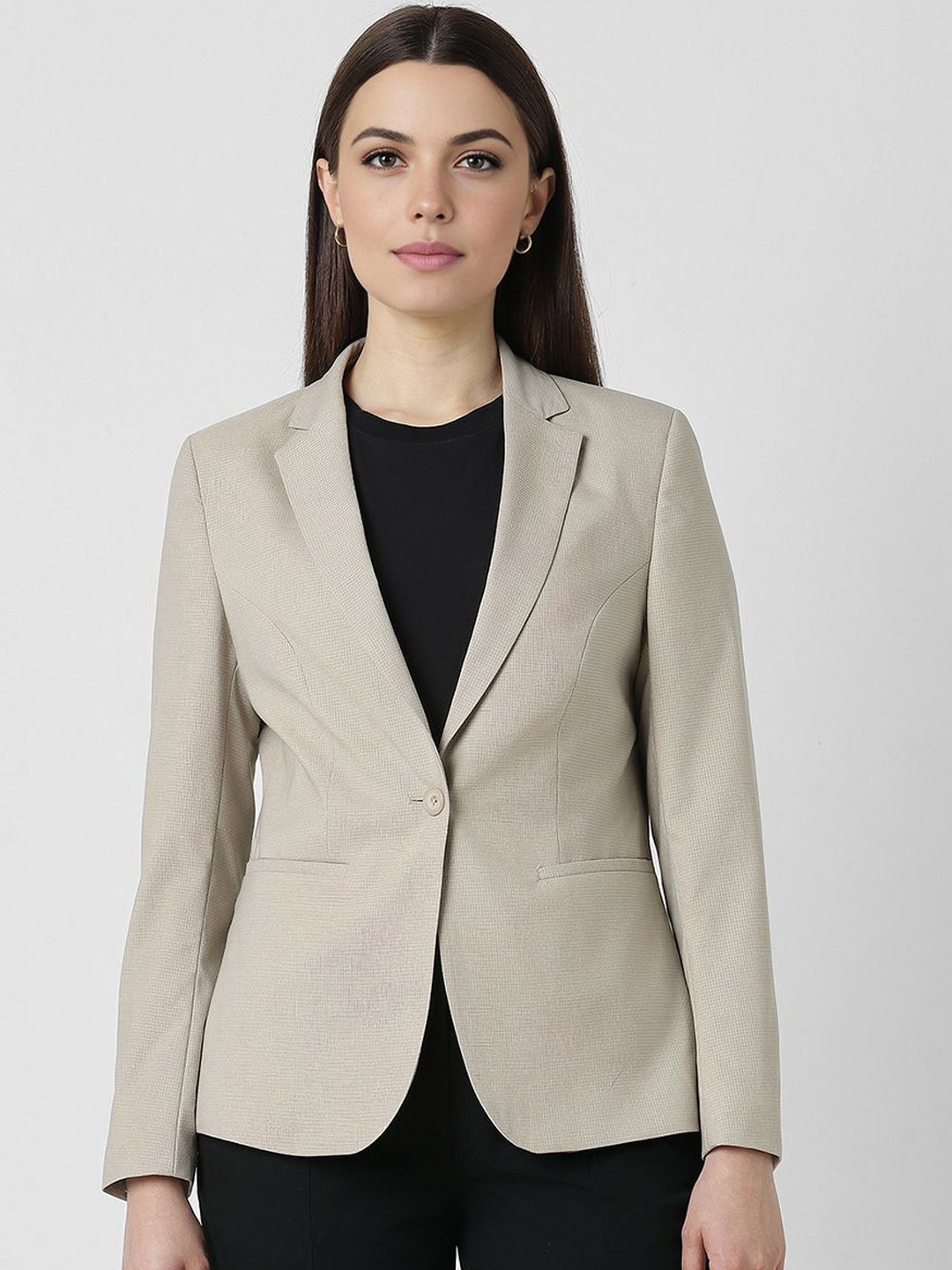 

Van Heusen Woman Checked Notched Lapel Single Vent Single Breasted Formal Blazers, Beige