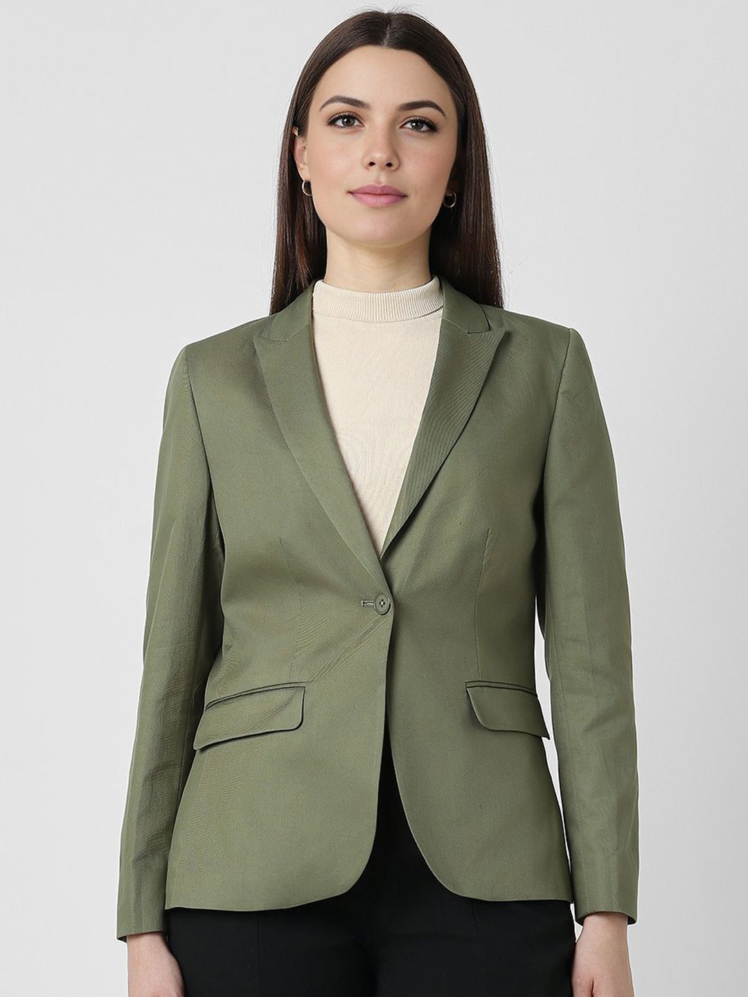 

Van Heusen Woman Notched Lapel Pure Cotton Single-Breasted Formal Blazers, Olive