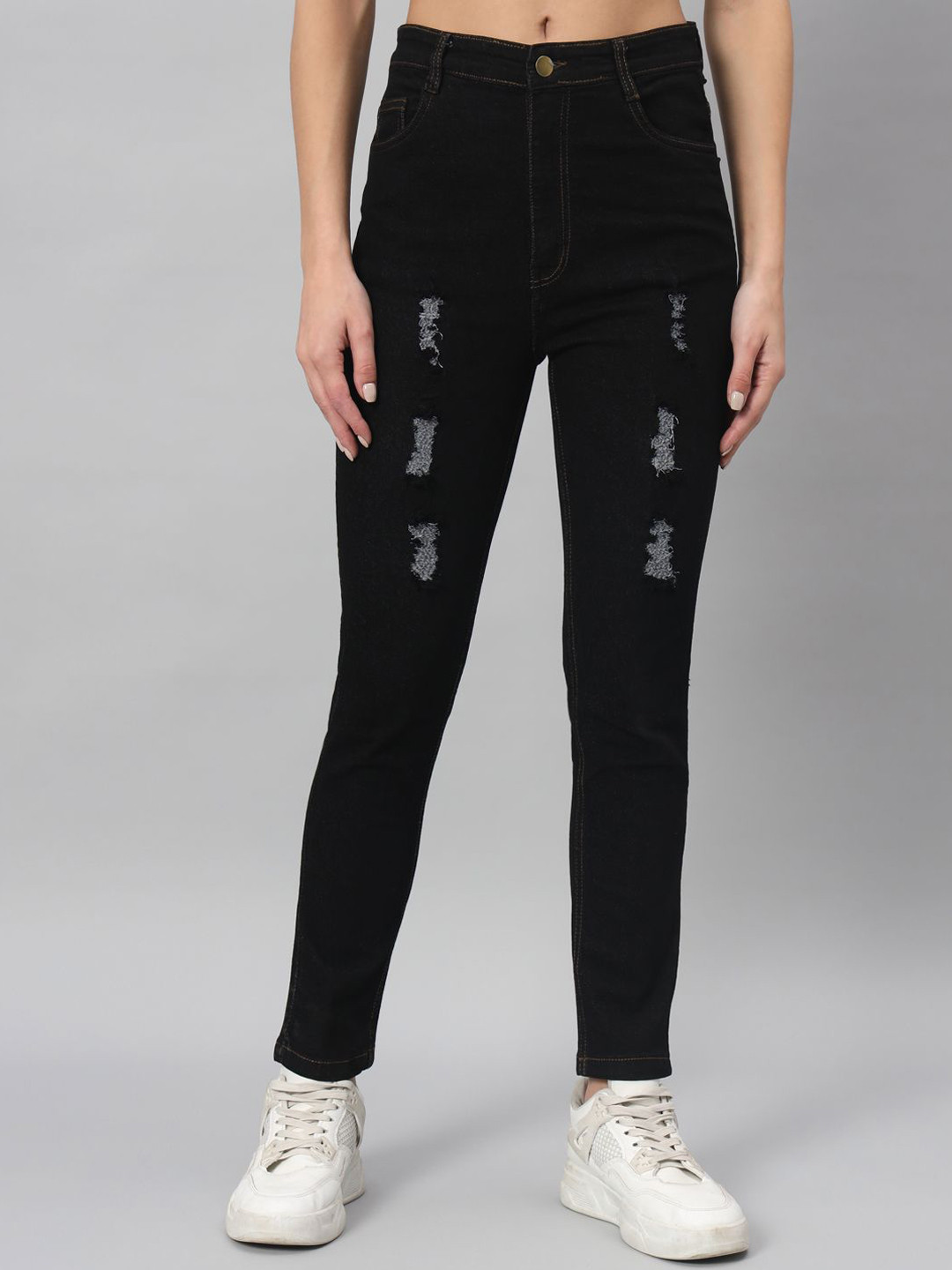 

The Roadster Lifestyle Co Women Skinny Fit High Rise Low Distress Jeans, Black