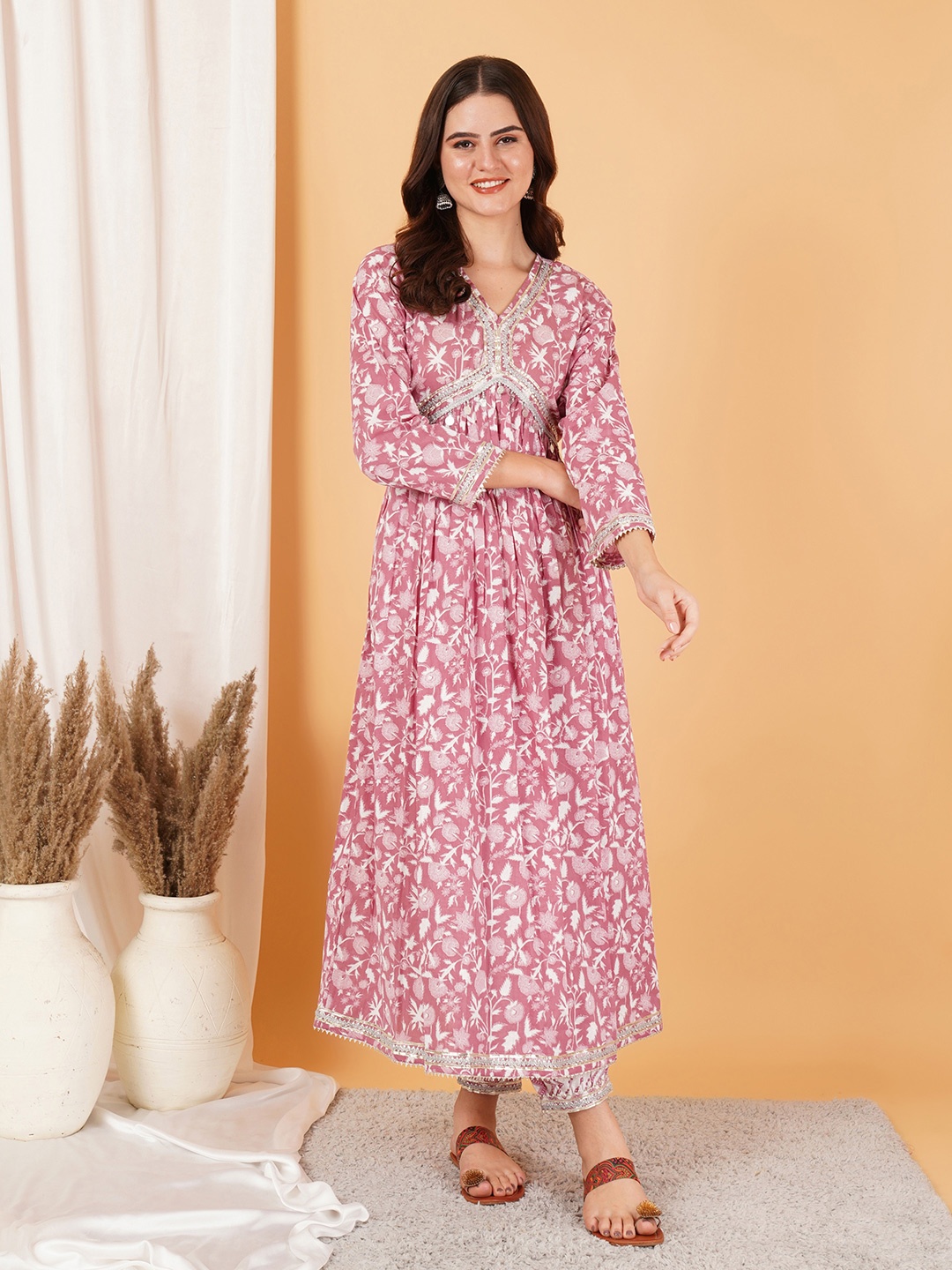 

KALINI Floral Printed Empire Gotta Patti Pure Cotton Anarkali Kurta with Salwar, Pink