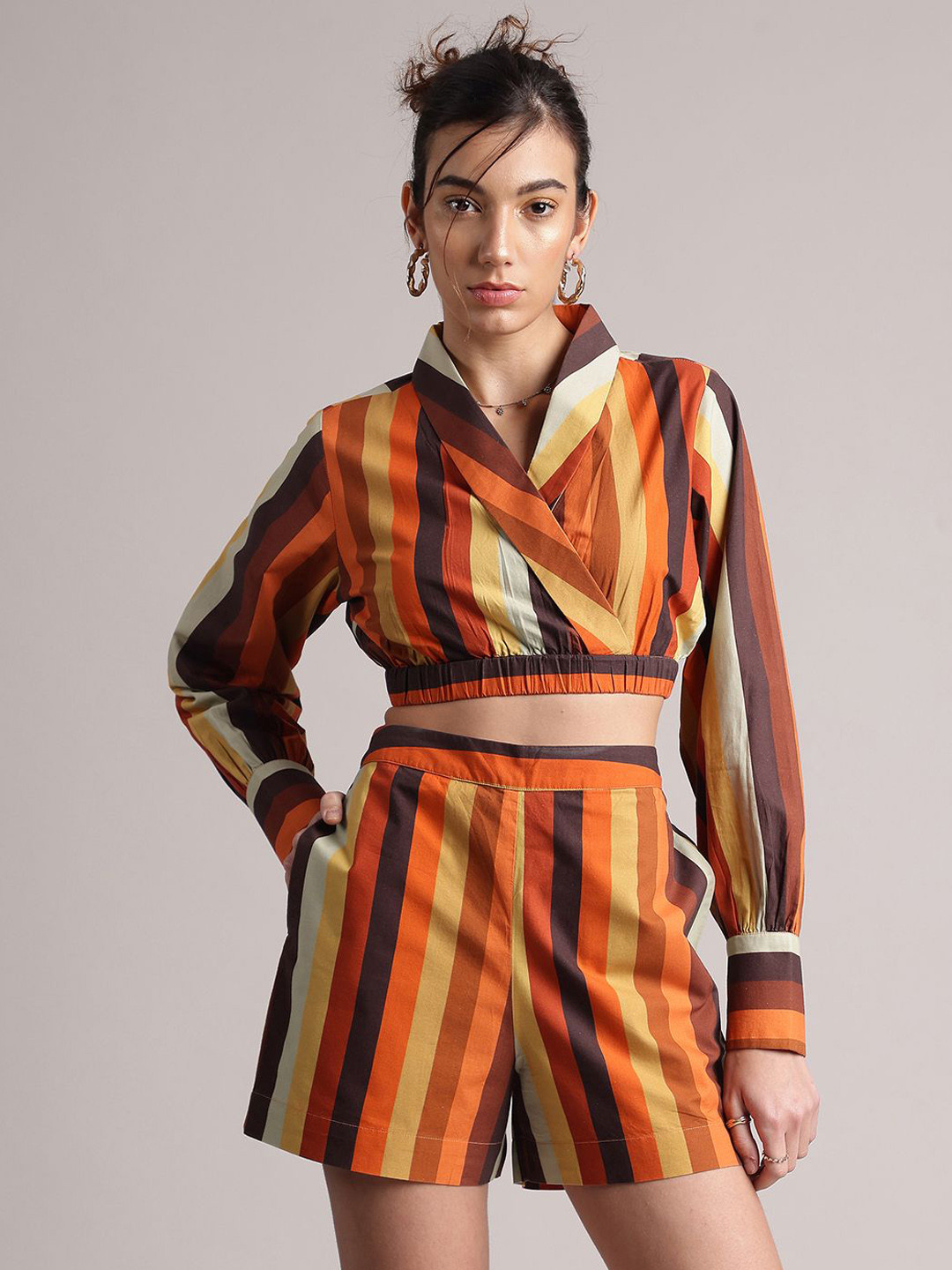 

ZACCAI Striped Long Sleeves Top & Shorts, Rust