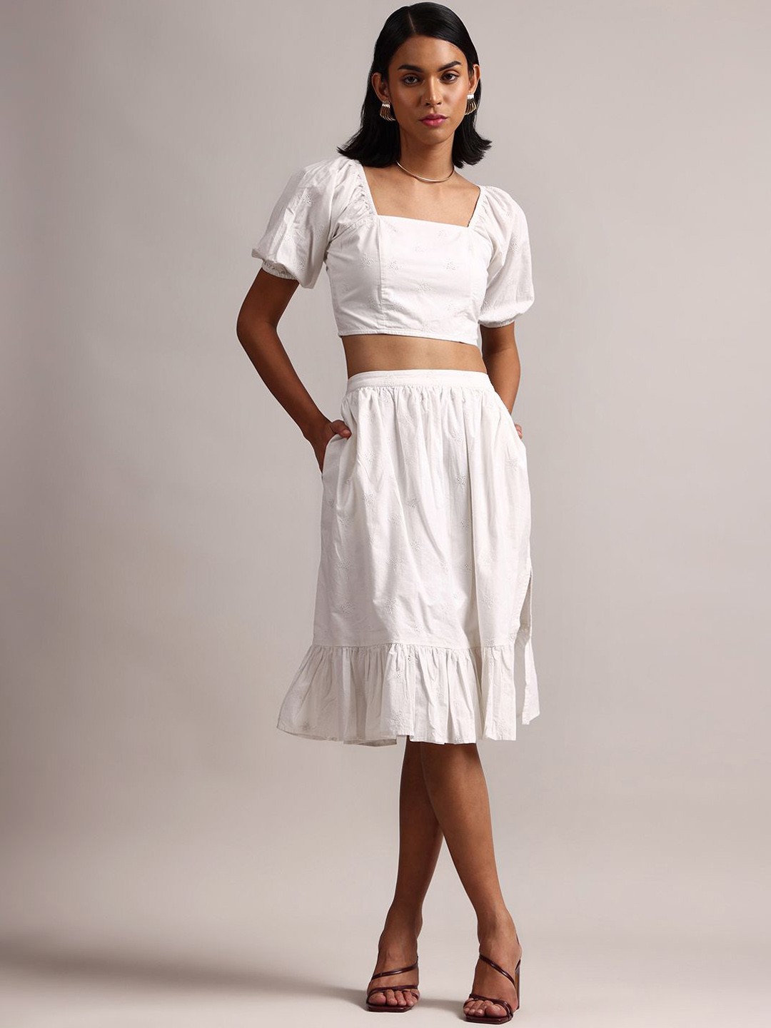 

ZACCAI Embroidered Pure Cotton Crop Top With Skirts, White
