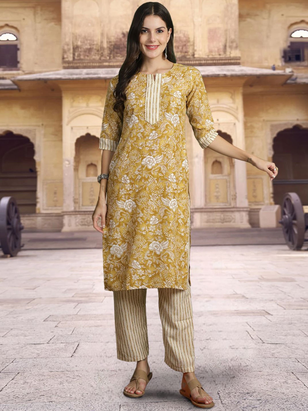 

Ethnic basket Floral Printed Pure Cotton Straight Kurta with Trousers & Dupatta, Mustard