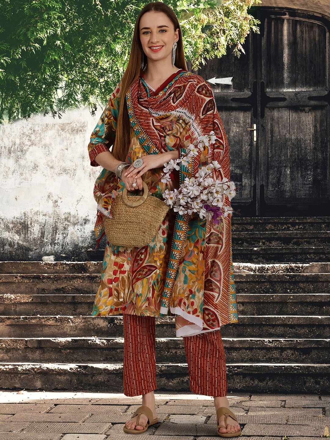 

Ethnic basket Floral Printed Pure Cotton Kurta with Trousers & Dupatta, Mustard