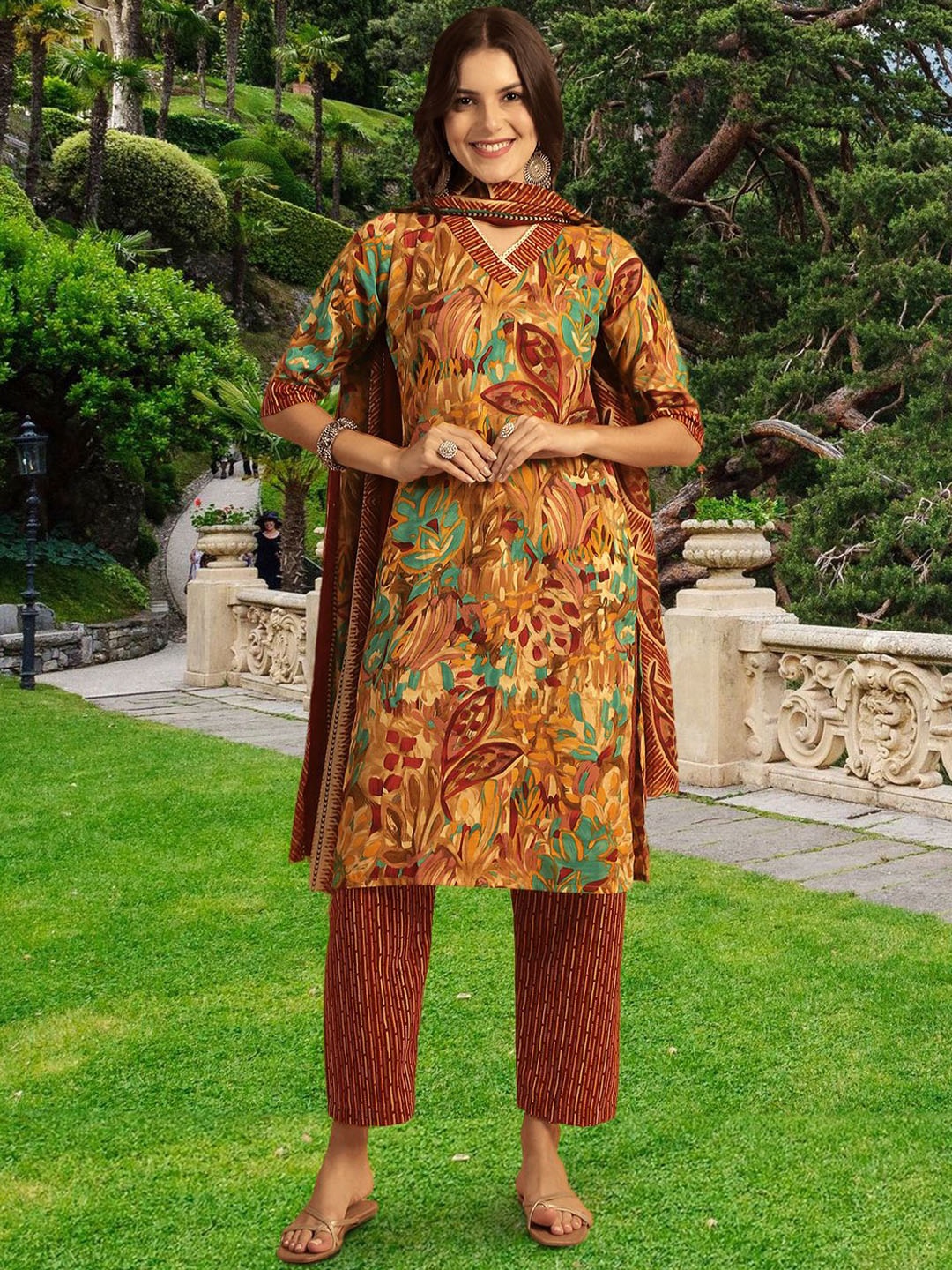 

Ethnic basket Floral Printed Pure Cotton Kurta with Trousers & Dupatta, Mustard