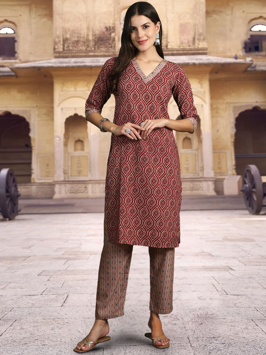 

Ethnic basket Geometric Printed V-Neck Pure Cotton Straight Kurta With Trousers & Dupatta, Maroon