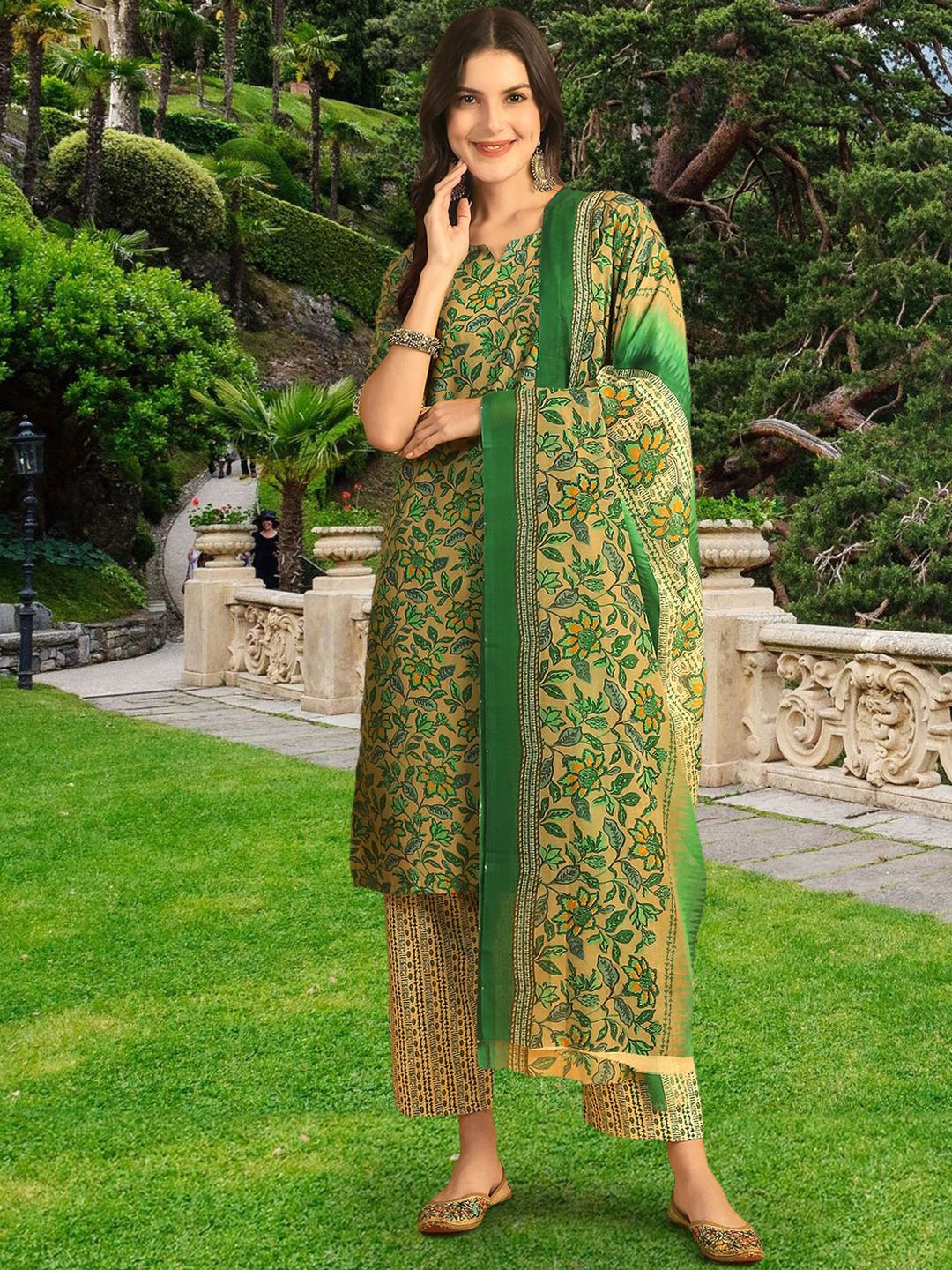 

Ethnic basket Floral Printed Notch Neck Pure Cotton Straight Kurta With Trousers & Dupatta, Green