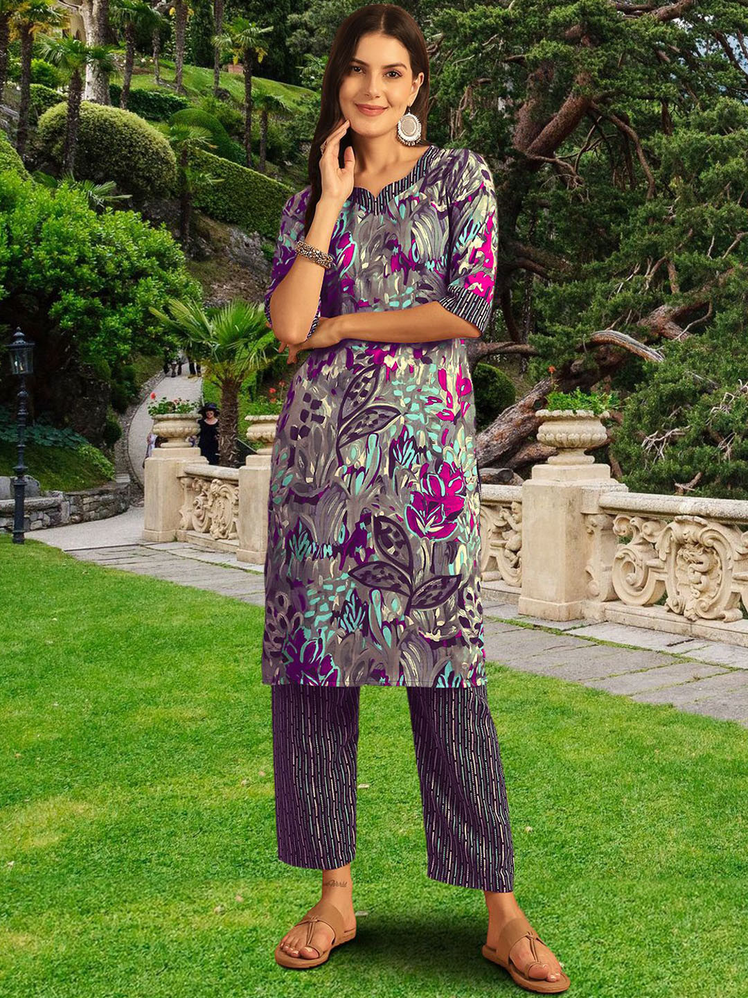 

Ethnic basket Printed Sweetheart Neck Pure Cotton Straight Kurta With Trousers & Dupatta, Blue