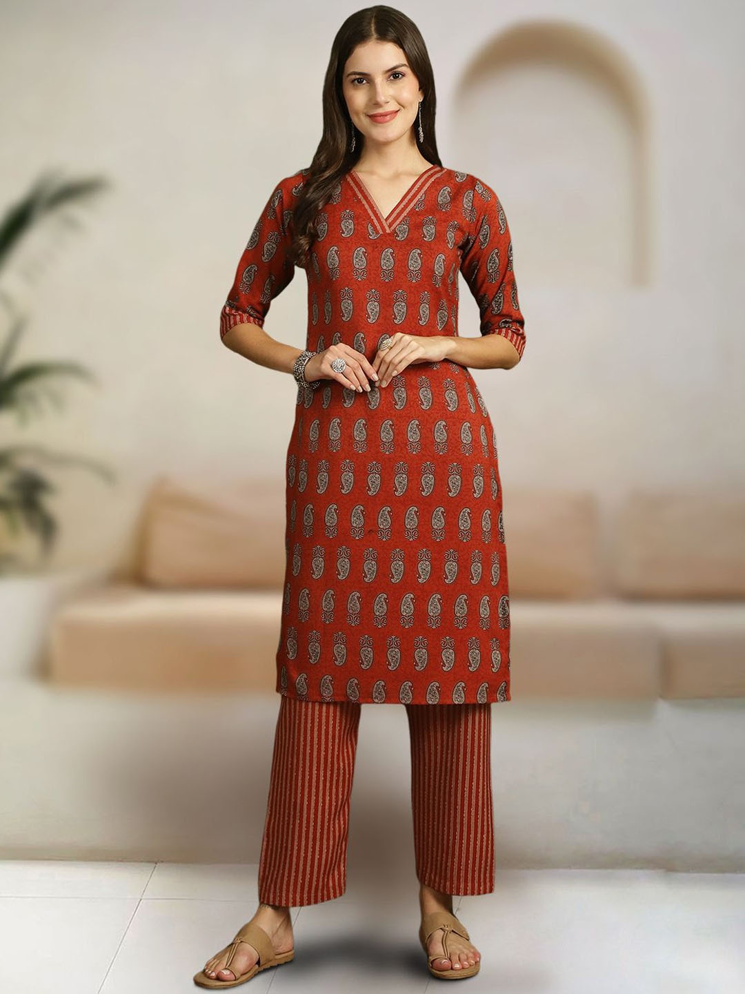 

Ethnic basket Paisley Printed V-Neck Pure Cotton Straight Kurta With Trousers & Dupatta, Red