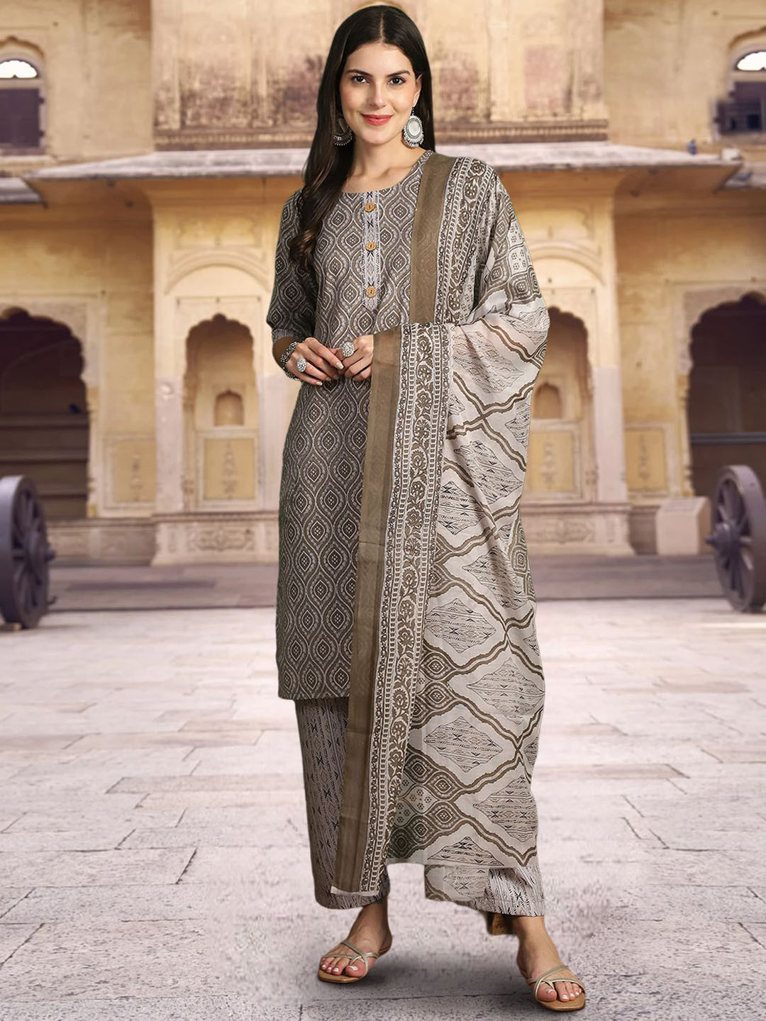 

Ethnic basket Geometric Printed Pure Cotton Straight Kurta With Trousers & Dupatta, Grey melange