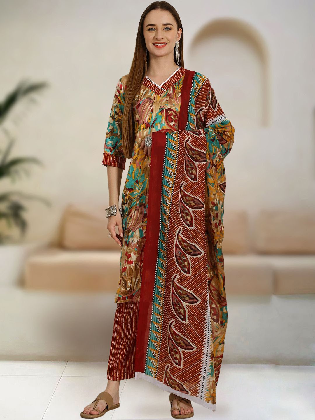 

Ethnic basket Floral Printed Pure Cotton Straight Kurta With Trousers & Dupatta, Mustard