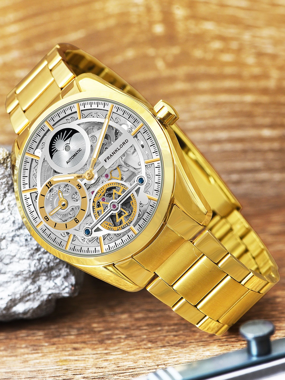 

Franklord Men Brass Dial & Stainless Steel Bracelet Style Straps Analogue and Digital Automatic Watch, Gold