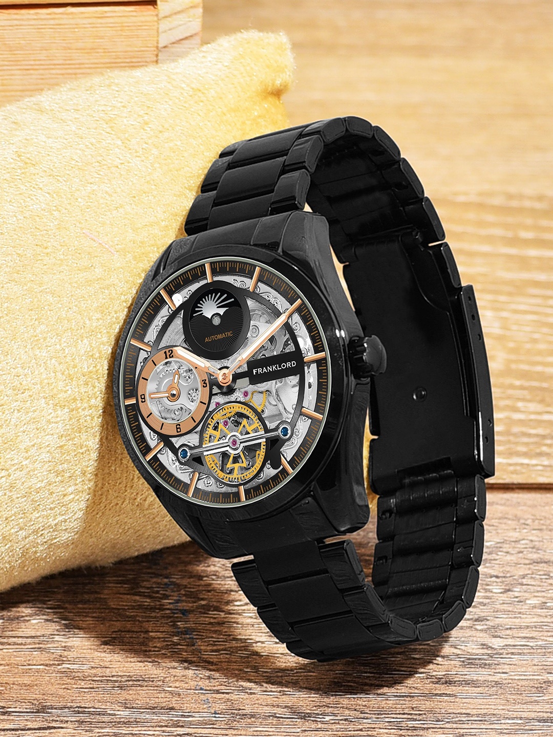 

Franklord Men Brass Dial & Stainless Steel Bracelet Style Straps Analogue Automatic Watch F-145 BLBLG 21 A, Black