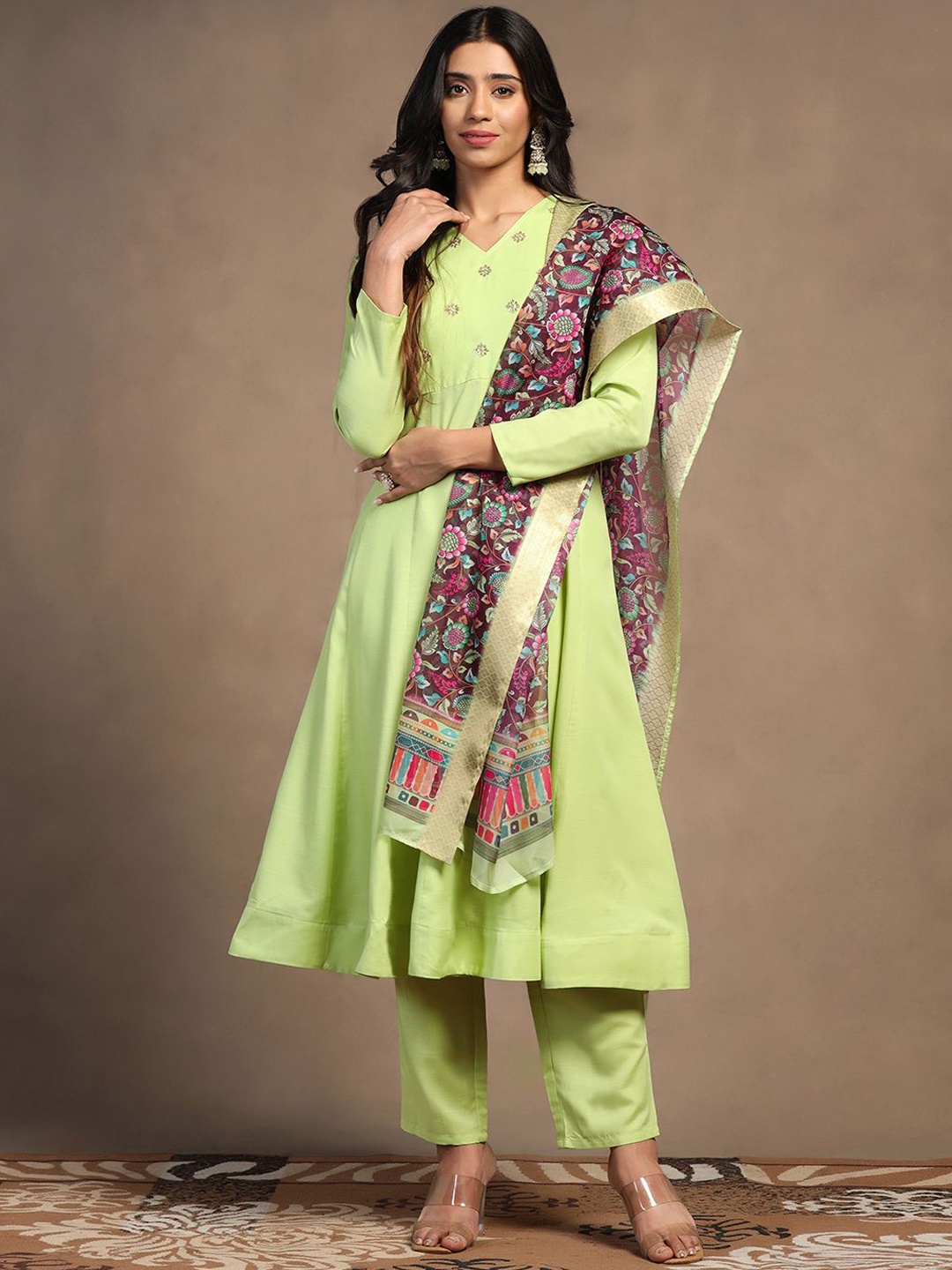 

FASHION DREAM Floral Embroidered Sequinned Anarkali Kurta with Trousers & Dupatta, Green