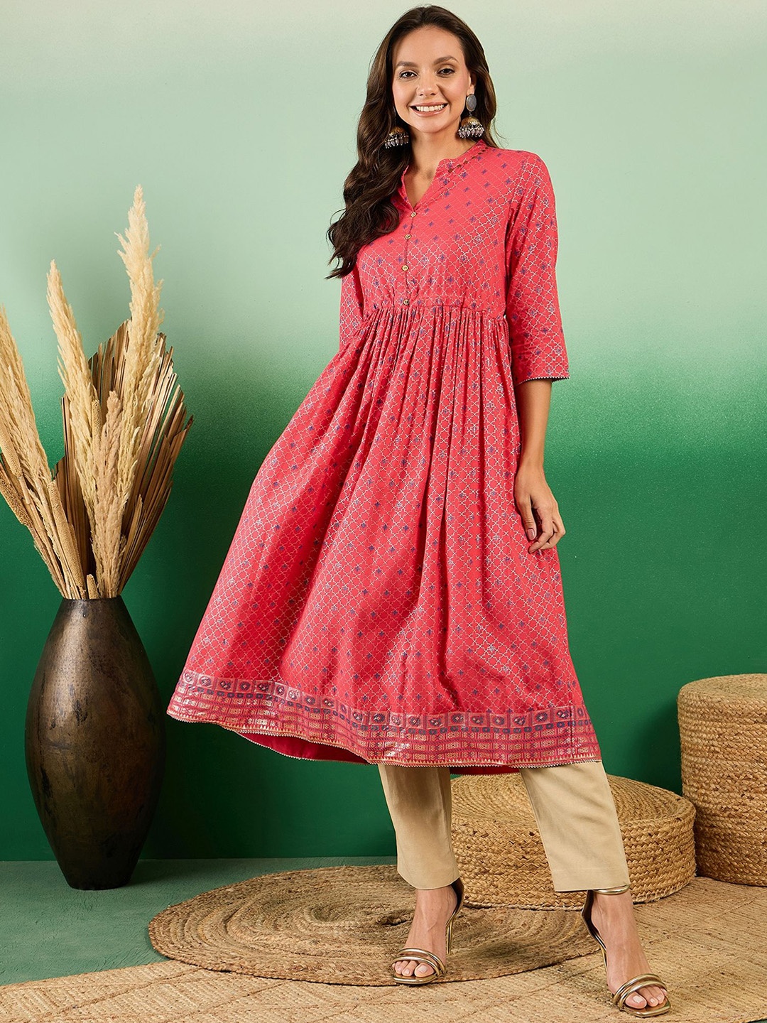 

Sangria Geometric Printed Anarkali Kurta, Coral