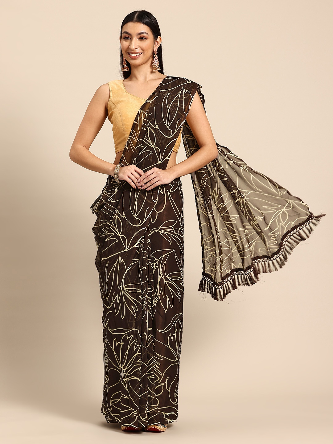 

Tikhi Imli Abstract Printed Ready to Wear Saree, Brown