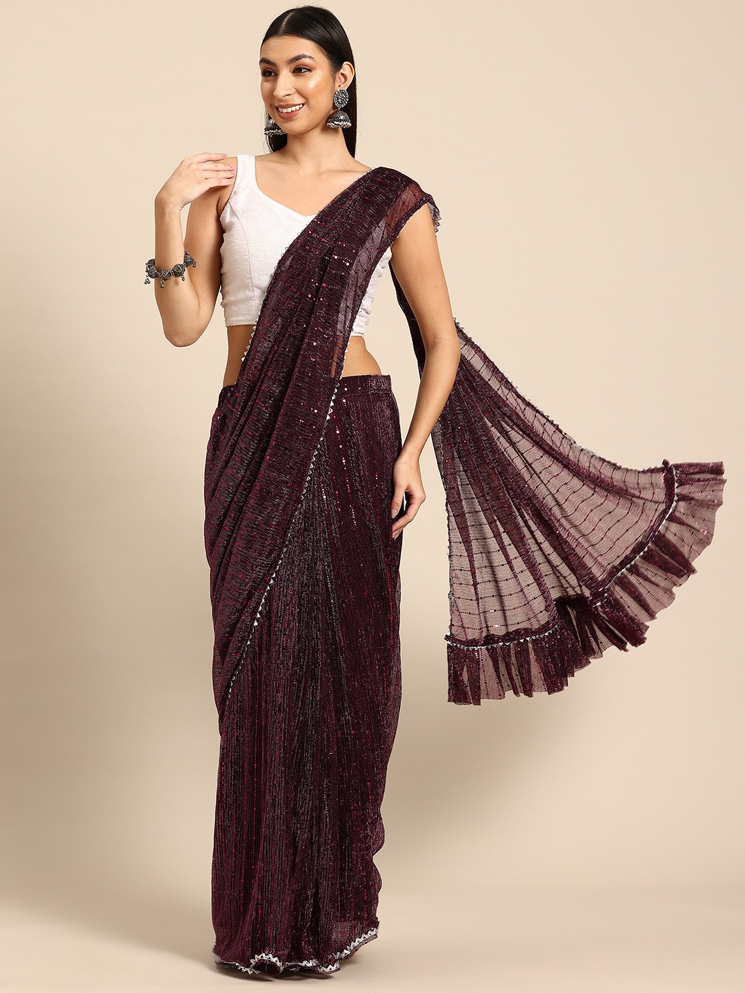 

Tikhi Imli Embellished Sequinned Saree, Burgundy